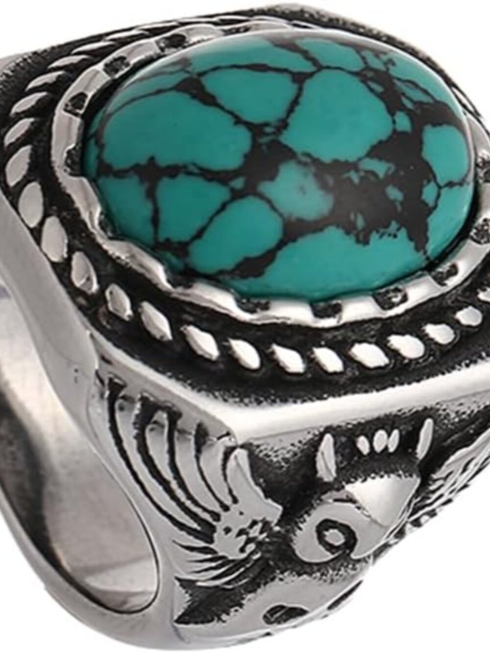 Silver Western Turquoise Ring, Retro Navajo Ring Stainless Steel, Vintage Jewelr